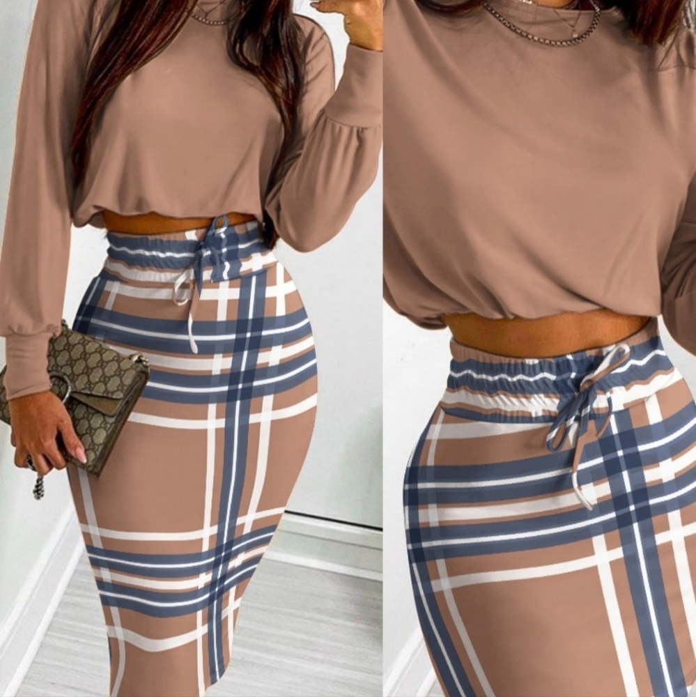 Mocha and Plaid Crop Top Skirt Set - Picture 3 of 6
